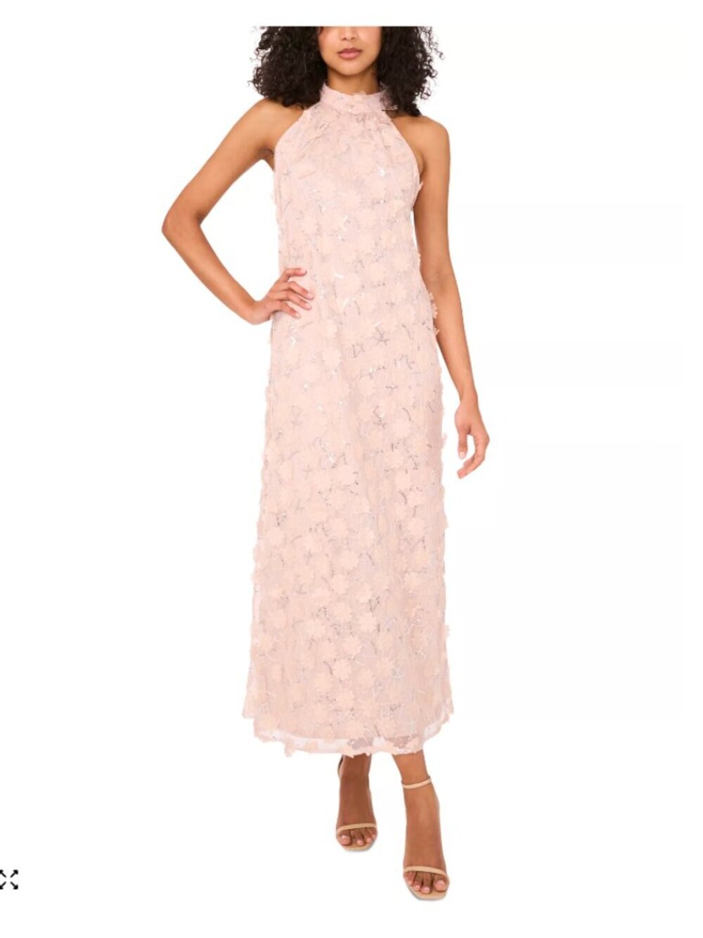 MSK Petite 3D Floral-Appliqué Halter Dress Size SP Party Bridal Neutral NWT